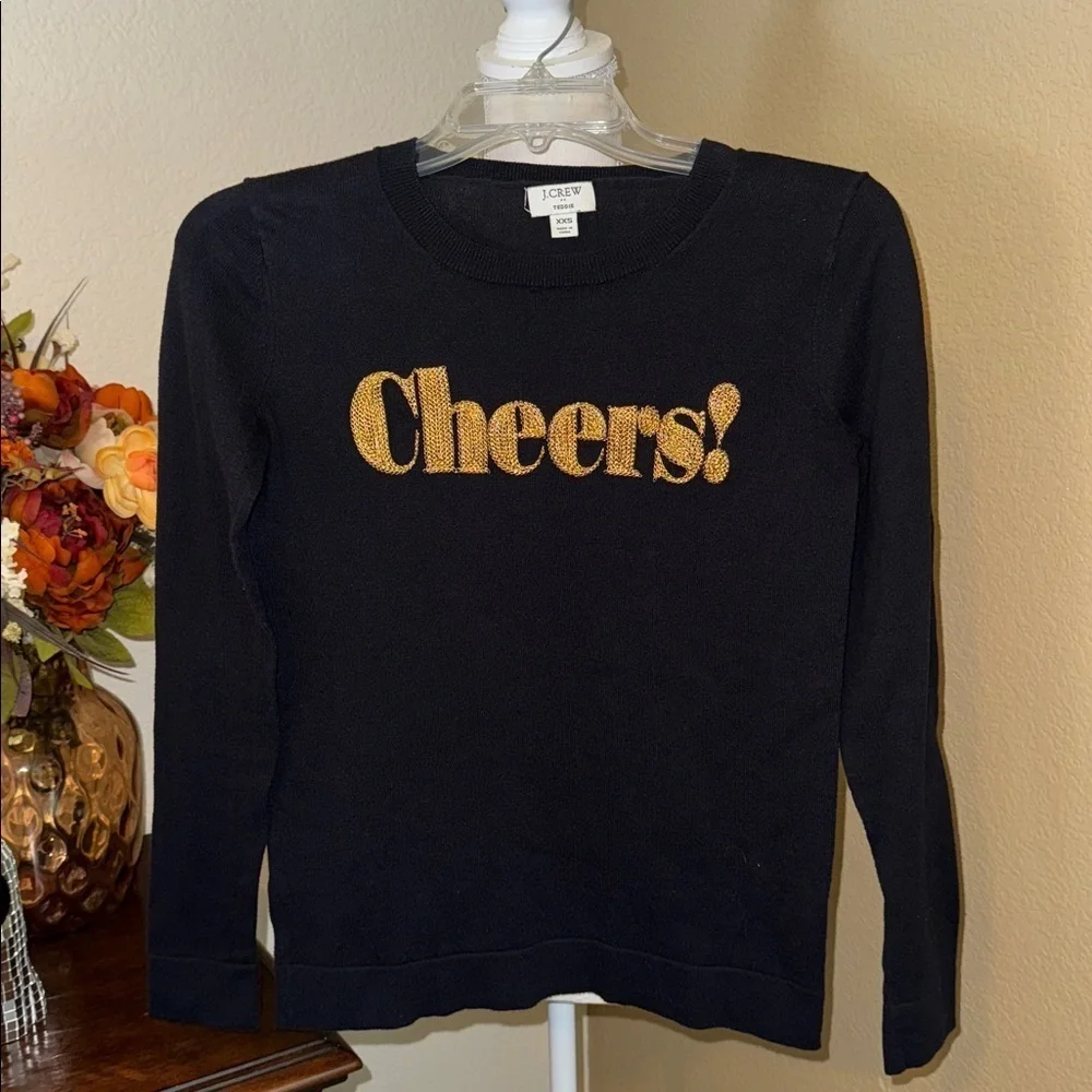 J. Crew Cheers Embroidered Teddie Sweater Black Sz XXS
